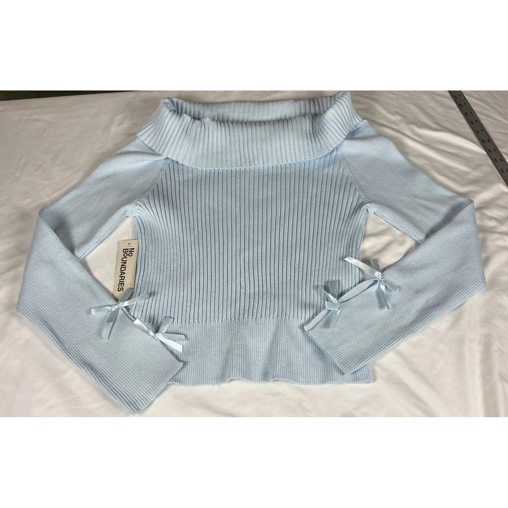 No Boundaries Size L Blue Ribbed Off The Shoulder Sweater with Bow Cuffs NWT